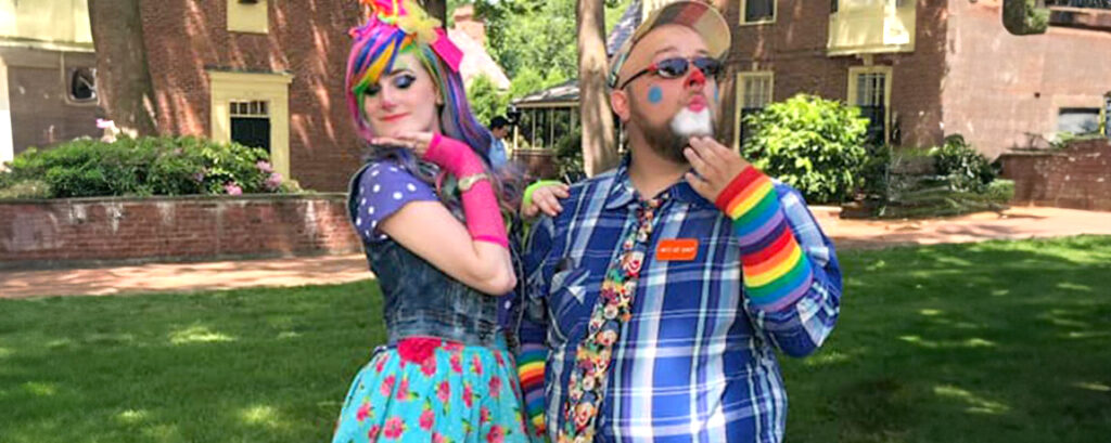 Two Magicians for Kids Party dressed as clowns outdoors